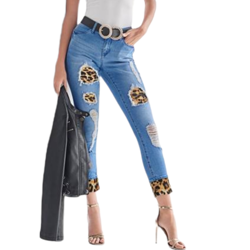 Venus Leopard Cuff Patched Distressed Jeans / Capris Animal Print